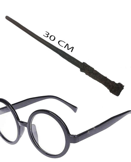 Harry Potter Asası 30 cm ve Siyah Çerçeveli Harry Potter Gözlüğü Seti