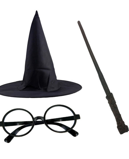 Harry Potter Siyah Şapkası Harry Potter Gözlüğü Harry Potter Asası 3 lü Set