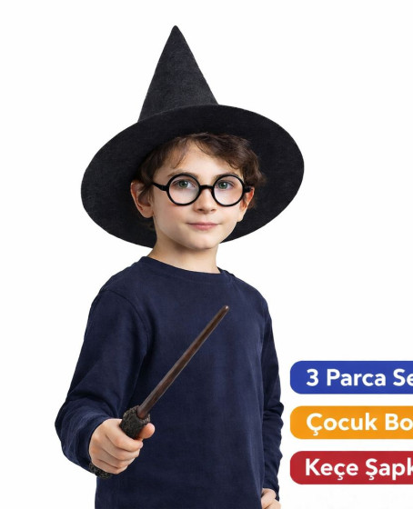 Harry Potter Tarzı Çocuk Seti (Siyah Keçe Şapka, Asa, Gözlük)