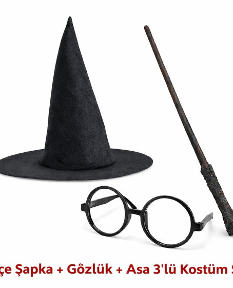 Harry Potter Tarzı Çocuk Seti (Siyah Keçe Şapka, Asa, Gözlük)