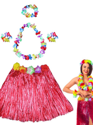 Hawaii Dans Kostümü – Kırmızı Hula Etek & Çiçek Kolye Seti Hawaii Dans Kostümü – Kırmızı Hula Etek & Çiçek Kolye Seti
