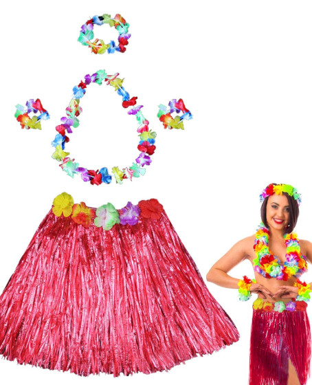 Hawaii Dans Kostümü – Kırmızı Hula Etek & Çiçek Kolye Seti