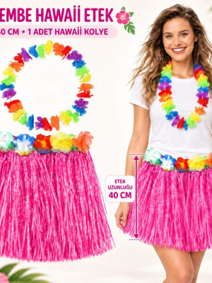 Hawaii Luau Aloha Pembe Püsküllü 40 cm Etek ve Hawaii Kolye Seti Hawaii Luau Aloha Pembe Püsküllü 40 cm Etek ve Hawaii Kolye Seti