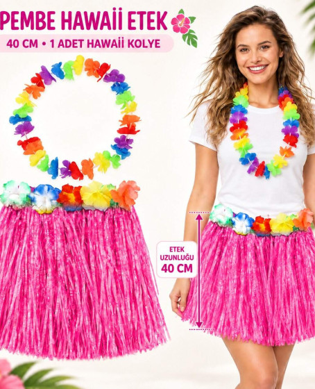 Hawaii Luau Aloha Pembe Püsküllü 40 cm Etek ve Hawaii Kolye Seti Hawaii Luau Aloha Pembe Püsküllü 40 cm Etek ve Hawaii Kolye Seti