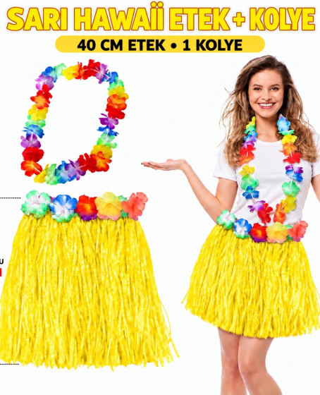 Hawaii Luau Aloha Sarı Püsküllü 40 cm Etek ve Hawaii Kolye