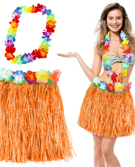 Hawaii Luau Aloha Turuncu Püsküllü 40 cm Etek ve Hawaii Kolye Seti