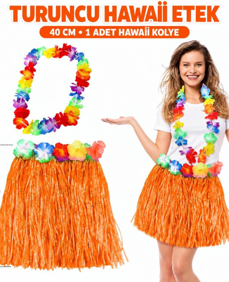 Hawaii Luau Aloha Turuncu Püsküllü 40 cm Etek ve Hawaii Kolye Seti