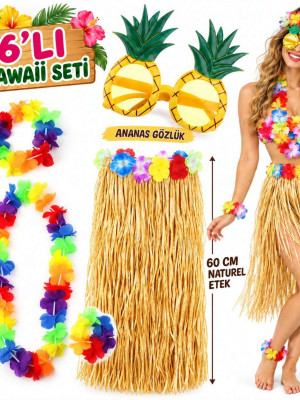 Hawaii Parti Kostüm Seti - 60 cm Hasır Etek, Çiçekli Aksesuarlar ve Ananas Gözlük