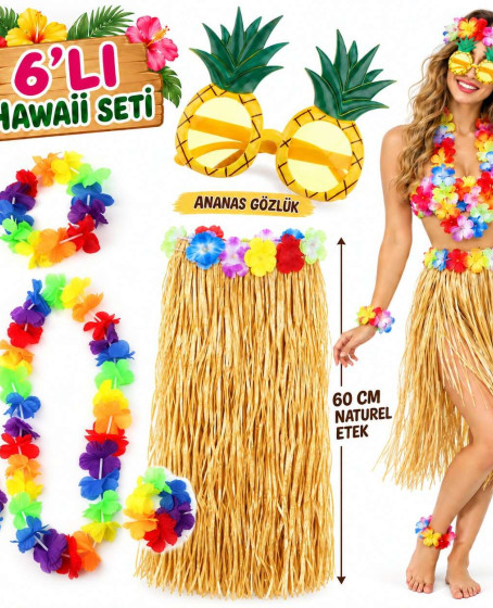 Hawaii Parti Kostüm Seti - 60 cm Hasır Etek, Çiçekli Aksesuarlar ve Ananas Gözlük Hawaii Parti Kostüm Seti - 60 cm Hasır Etek, Çiçekli Aksesuarlar ve Ananas Gözlük