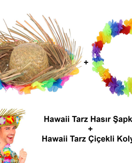 Hawaii Tarzı Tropikal Çiçekli Hasır Şapka ve Çiçekli Hawaii Kolye