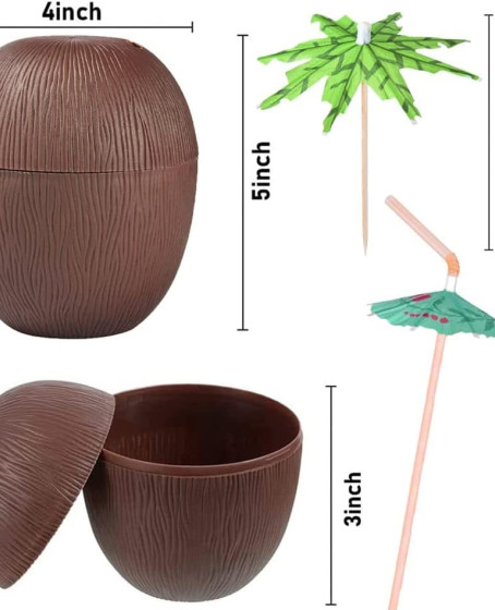 Hindistan Cevizi Hawaii Luau Aloha Pipetli İçecek Kabı Bardak 10x13 cm 1 Adet