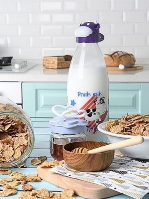 İnek Tasarımlı Sevimli Cam Suluk - Süt Şişesi 1000 ML