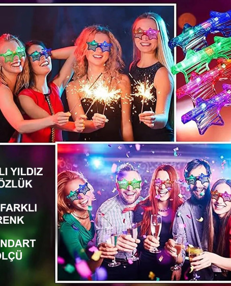 Işıklı Yıldız Gözlük Ledli Parti Gözlüğü 6 Renk 12 Adet