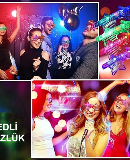 Işıklı Yıldız Gözlük Ledli Parti Gözlüğü 6 Renk 12 Adet