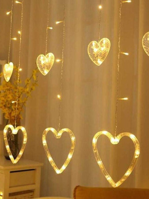 3 Metre 8 Modlu Kalp Perde LED Işık - Sarı (Sıcak Beyaz) Işık Dekoratif Işıklandırma Oda Dekoru