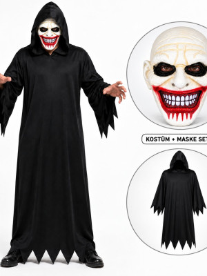 Kanlı Gülüş Maskeli Siyah Kapüşonlu Kostüm Seti 140 cm
