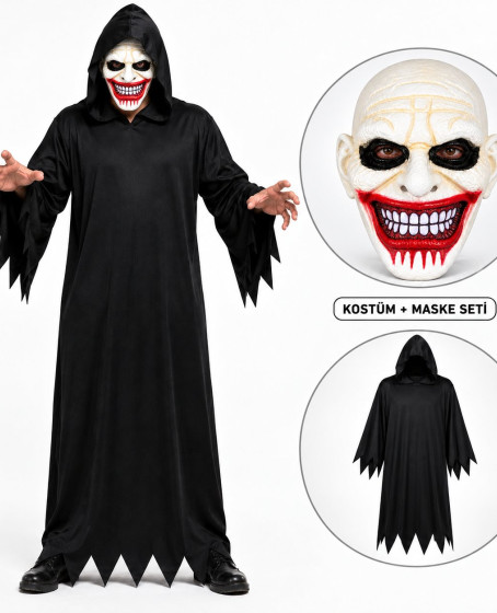 Kanlı Gülüş Maskeli Siyah Kapüşonlu Kostüm Seti 140 cm