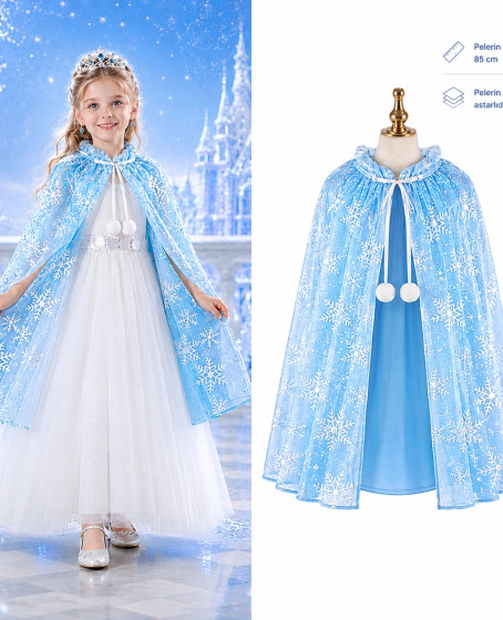 Kar Tanesi Desenli Mavi Elsa Pelerini - Astarlı Frozen Pelerini 85 cm