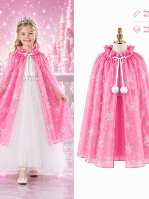 Kar Tanesi Desenli Pembe Elsa Pelerini - Astarlı Frozen Pelerini 85 cm Kar Tanesi Desenli Pembe Elsa Pelerini - Astarlı Frozen Pelerini 85 cm