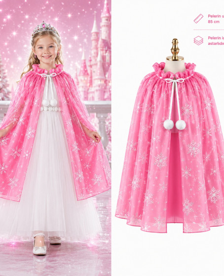 Kar Tanesi Desenli Pembe Elsa Pelerini - Astarlı Frozen Pelerini 85 cm