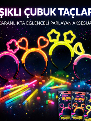 Karanlıkta Parlayan Glow Taç Seti 12 Adet – Yıldız Kalp Ay Çiçek (Her Model 3 Adet)