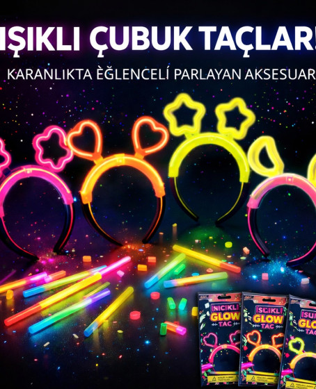 Karanlıkta Parlayan Glow Taç Seti 12 Adet – Yıldız Kalp Ay Çiçek (Her Model 3 Adet)