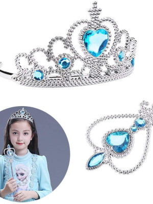 Karlar Ülkesi Elsa Mavi Kalpli Taç ve Mavi Asa Seti Çocuk Boy