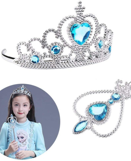 Karlar Ülkesi Elsa Mavi Kalpli Taç ve Mavi Asa Seti Çocuk Boy