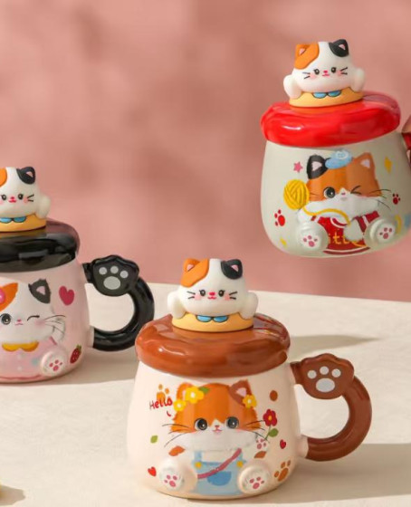 Kedi Desenli Figürlü Seramik Bardak
