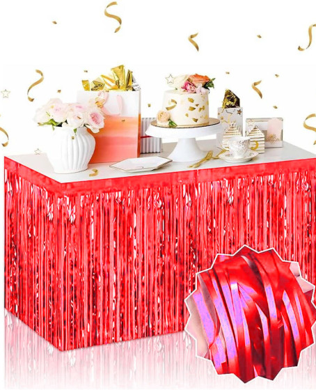 Kendinden Yapışkanlı Kırmızı Metalize Püsküllü Masa Eteği – 75 x 275 cm Parti Süslemesi