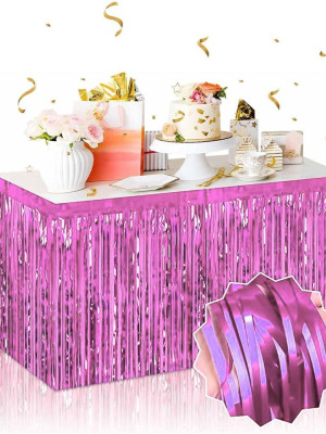 Kendinden Yapışkanlı Pembe Metalize Püsküllü Masa Eteği – 75 x 275 cm Parti Süslemesi