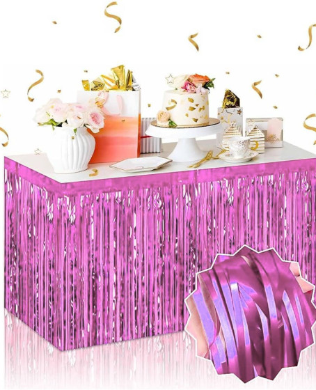 Kendinden Yapışkanlı Pembe Metalize Püsküllü Masa Eteği – 75 x 275 cm Parti Süslemesi