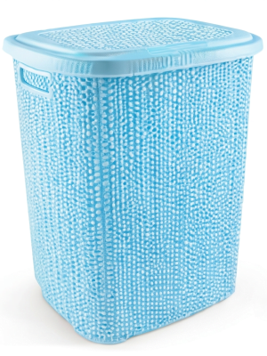 Kirli Çamaşır Sepeti Kapaklı 65 LT Örgü Desenli Plastik Çamaşır Sepeti Banyo Sepeti - Mavi