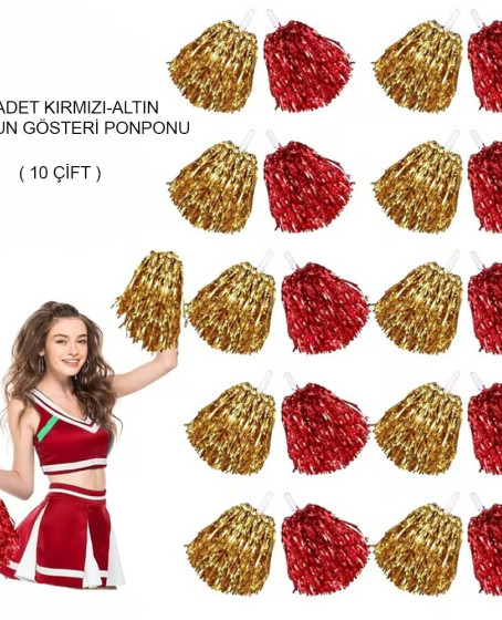 Kırmızı Altın Metalik Dolgun Gösteri Ponponu 20 Adet (10 Çift)