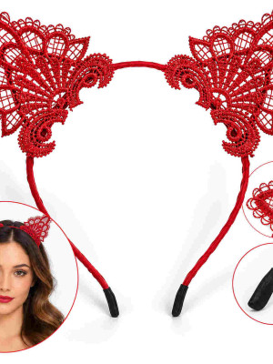 Kırmızı Dantelli Kedi Kulağı Taç – Parti ve Kostüm Aksesuarı