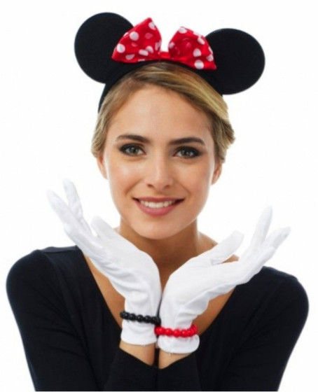 Kırmızı Fiyonklu Minnie Mouse Tacı ve Beyaz Eldiven Seti