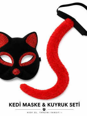 Kırmızı Kedi Maske ve Kuyruk Seti Parti Kostüm Aksesuarı Kırmızı Kedi Maske ve Kuyruk Seti Parti Kostüm Aksesuarı