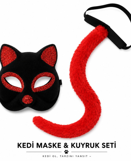 Kırmızı Kedi Maske ve Kuyruk Seti Parti Kostüm Aksesuarı Kırmızı Kedi Maske ve Kuyruk Seti Parti Kostüm Aksesuarı