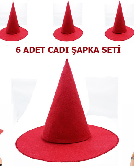 Kırmızı Renk Keçe Cadı Şapkası Yetişkin Çocuk Uyumlu 6 Adet