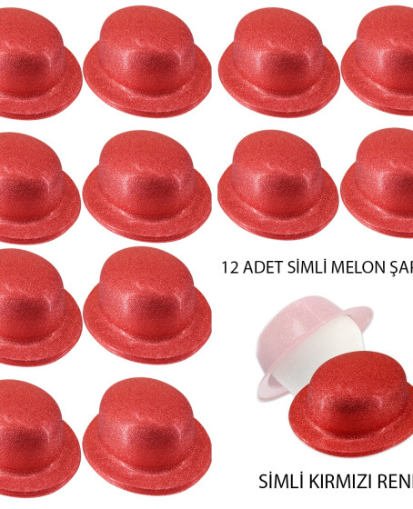 Kırmızı Renk Simli Melon Yuvarlak Parti Şapkası 12 Adet