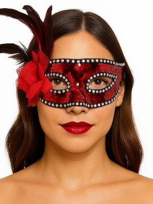 Kırmızı Renk Yandan Tüylü Güllü Gümüş Taşlı Pullu Maske 20x22 cm Kırmızı Renk Yandan Tüylü Güllü Gümüş Taşlı Pullu Maske 20x22 cm