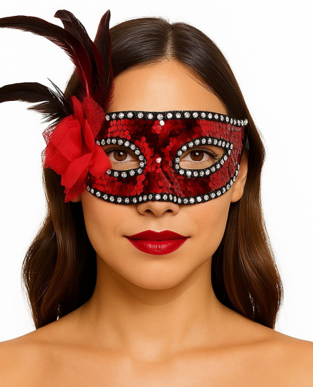 Kırmızı Renk Yandan Tüylü Güllü Gümüş Taşlı Pullu Maske 20x22 cm