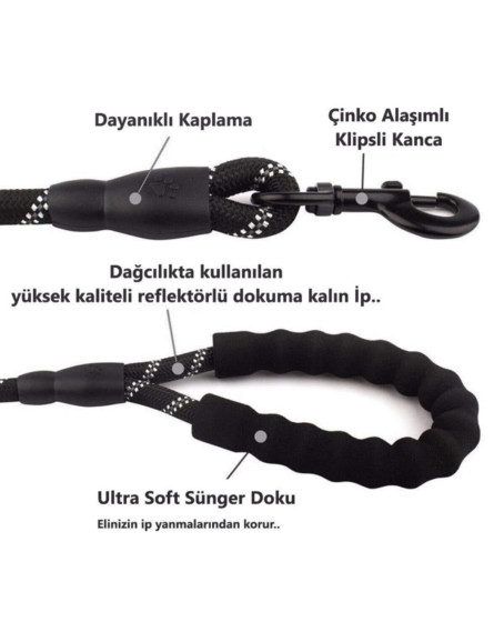 Köpekler İçin Gezdirme Tasması Reflektörlü 130 cm Halat Orta ve Büyük Boy Köpekler İçin Siyah Köpekler İçin Gezdirme Tasması Reflektörlü 130 cm Halat Orta ve Büyük Boy Köpekler İçin Siyah