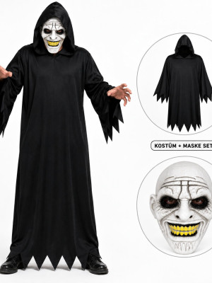 Korkunç Gülümseyen Maskeli Siyah Kapüşonlu Kostüm Seti 140 cm