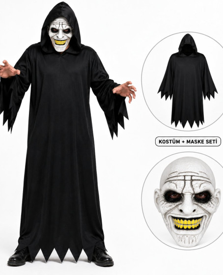 Korkunç Gülümseyen Maskeli Siyah Kapüşonlu Kostüm Seti 140 cm Korkunç Gülümseyen Maskeli Siyah Kapüşonlu Kostüm Seti 140 cm