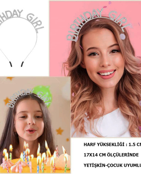 Kristal Taşlı Gümüş Birthday Girl Yazılı Doğum Günü Parti Tacı 19x11 cm