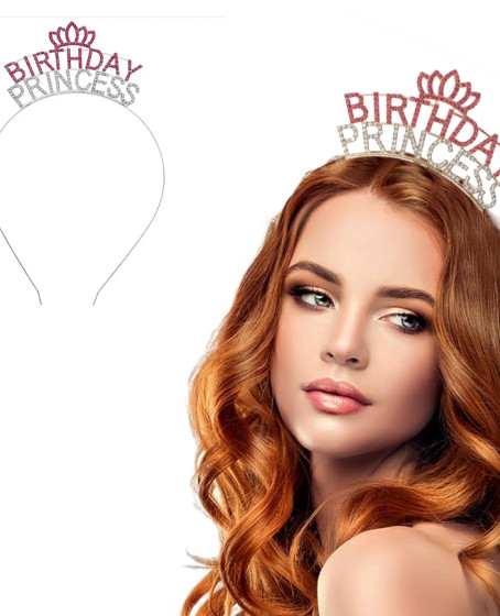 Kristal Taşlı Pembe Birthday Princess Yazılı Parti Tacı 19x11 cm
