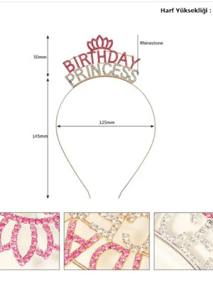 Kristal Taşlı Pembe Birthday Princess Yazılı Parti Tacı 19x11 cm Kristal Taşlı Pembe Birthday Princess Yazılı Parti Tacı 19x11 cm