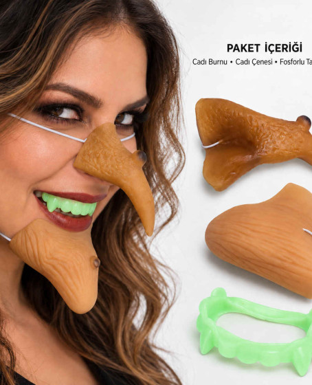Lastikli Cadı Burnu, Cadı Çenesi ve Fosforlu Takma Diş Seti – 3 Parça Lastikli Cadı Burnu, Cadı Çenesi ve Fosforlu Takma Diş Seti – 3 Parça