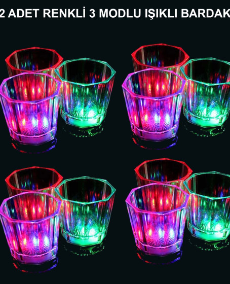 LED Işıklı Eğlence Bardakları - 3 Modlu Renk Değiştiren Bardak 12 Adet